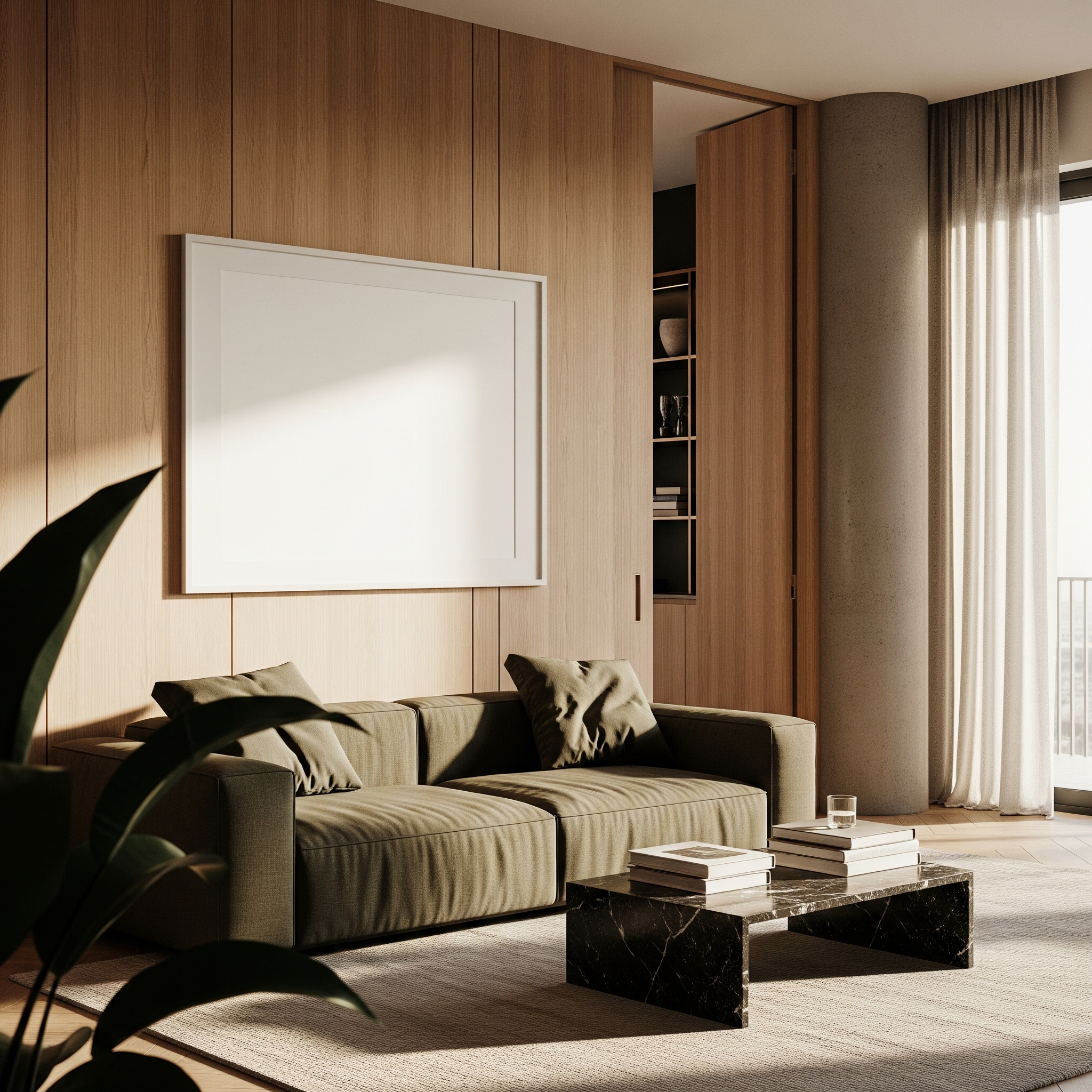 Living room with a green sofa