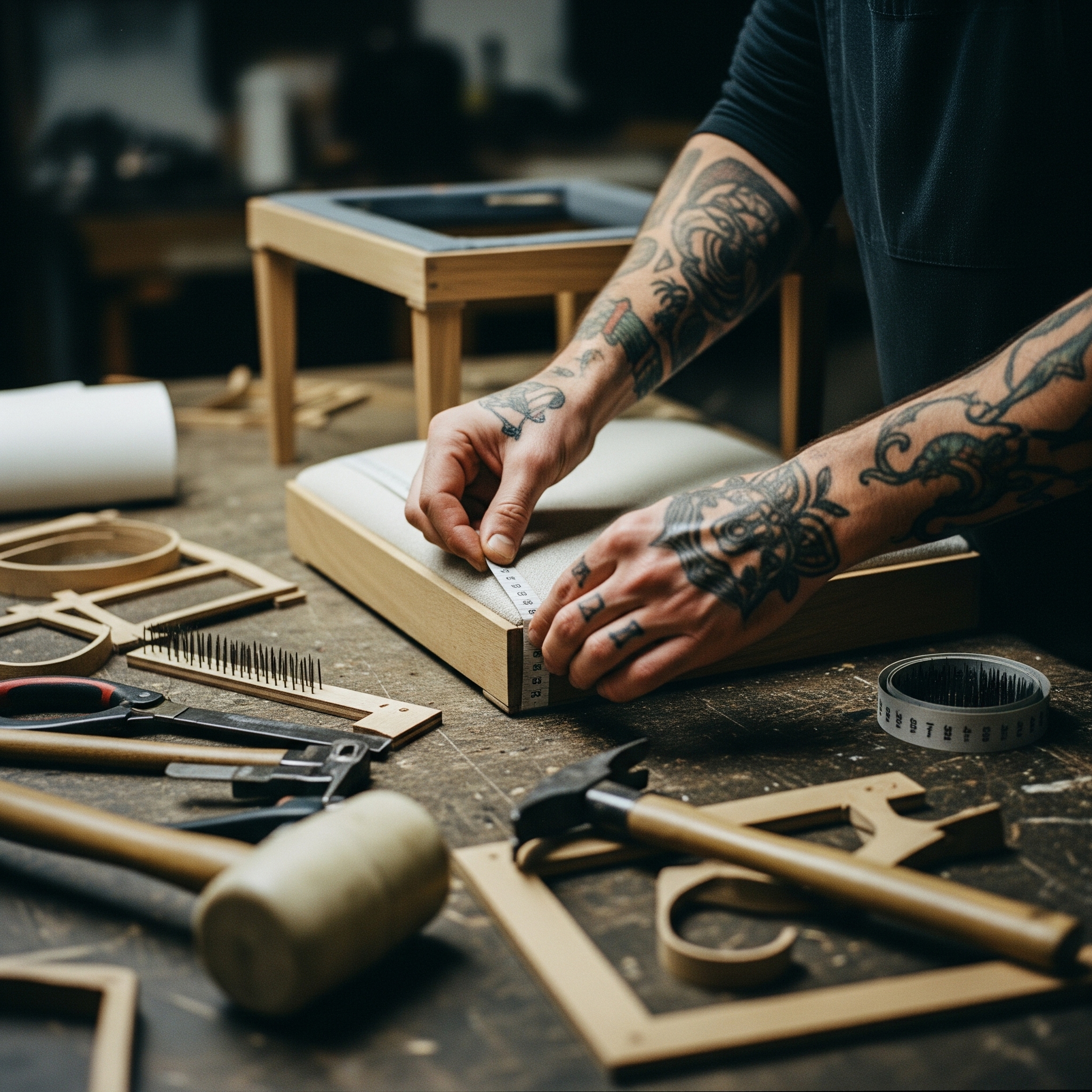 Upholsterer stapling fabric to a frame