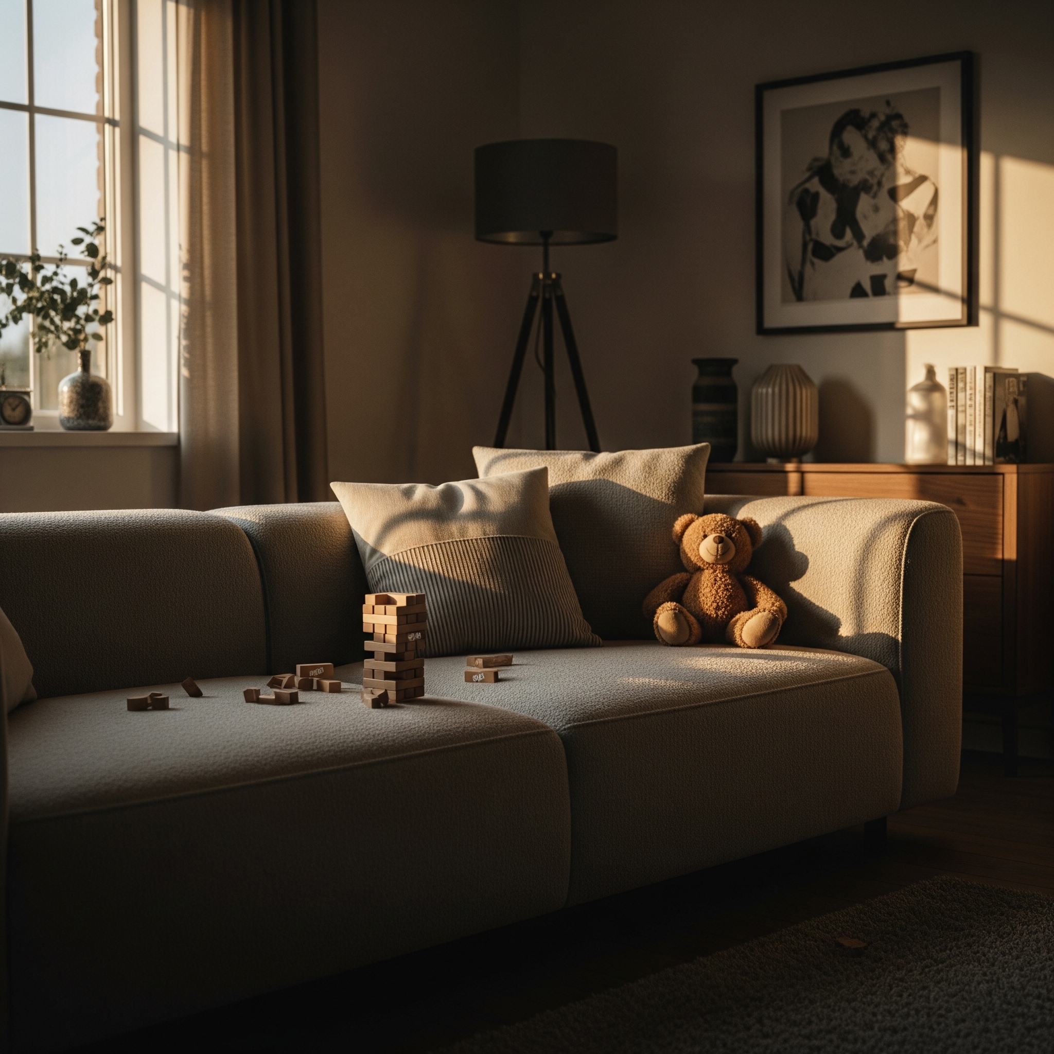 Sofa in a warm, lamp-lit living room